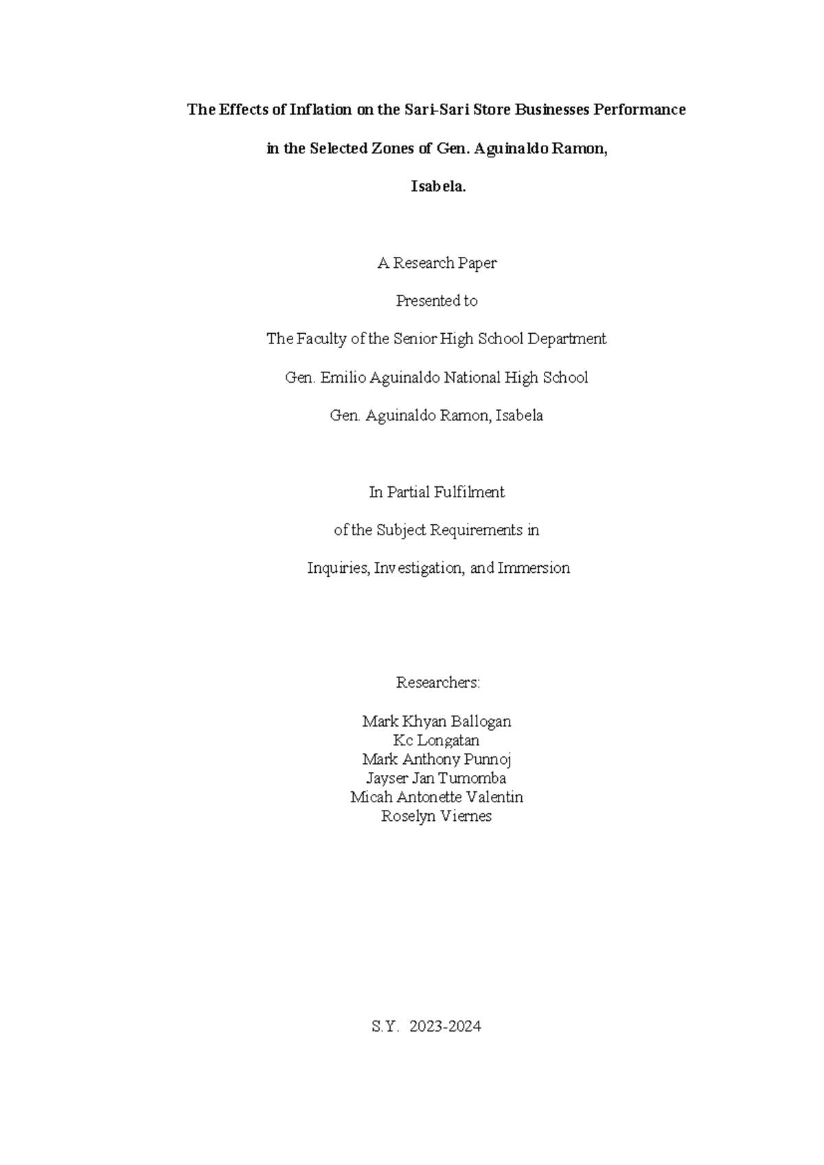 The Effects of Inflation on Sari-Sari Store Performance in G. Aguinaldo ...