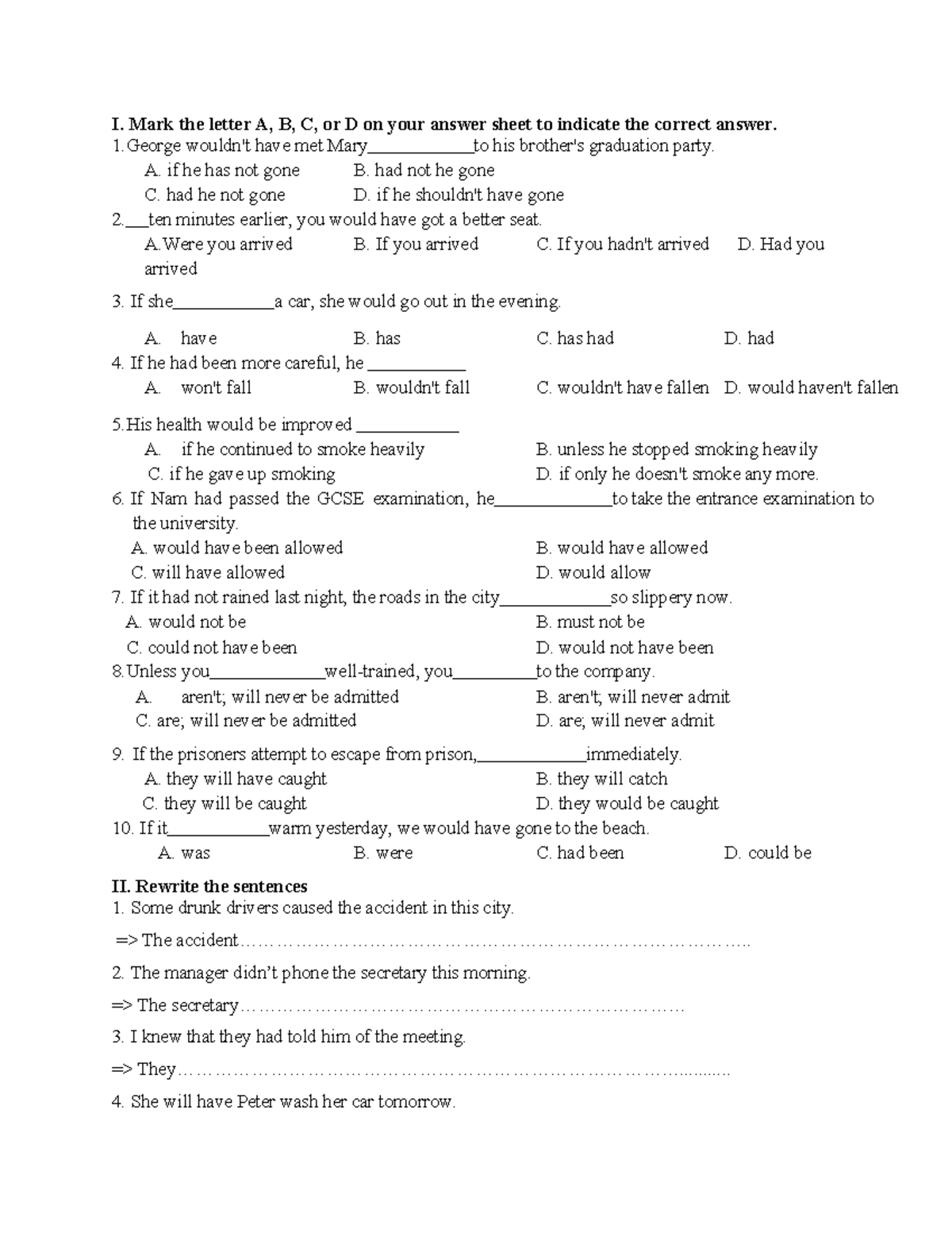 Test 19 - Practice: Conditional Sentences & Sentence Rewriting - Studocu