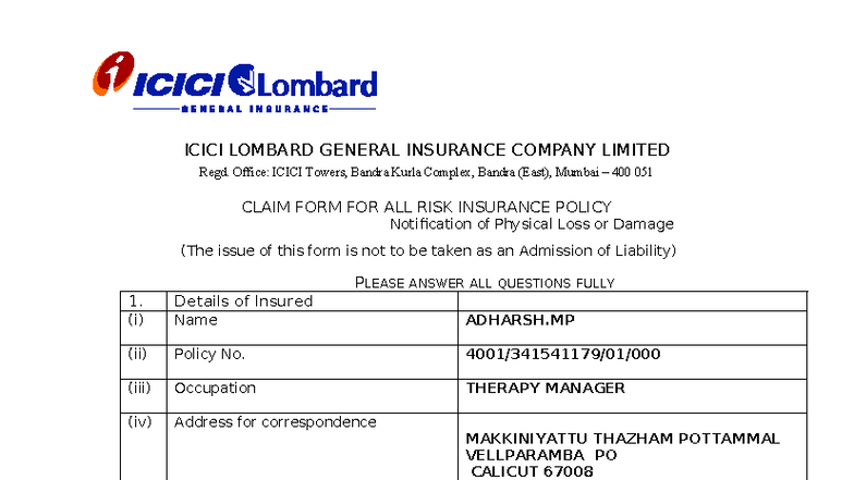 ALL RISK Insurance Claim Form - ICICI Lombard - Studocu
