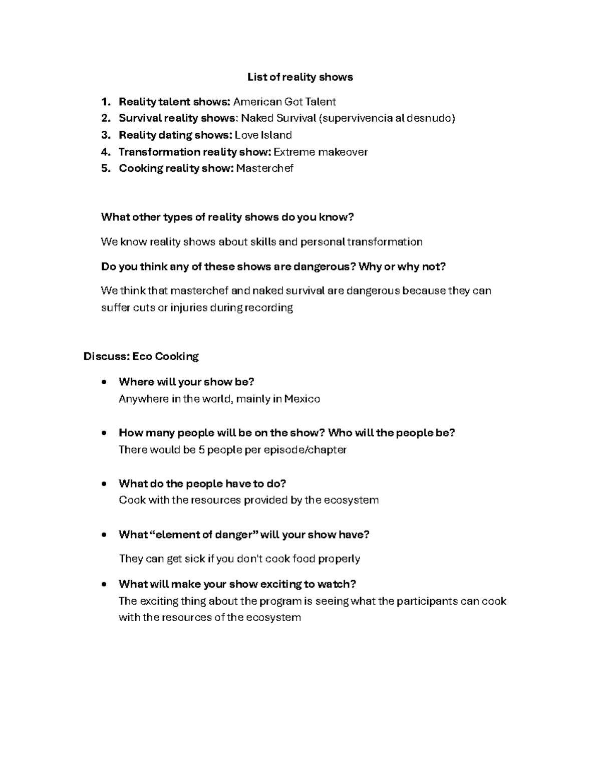 Reality Shows Overview: Types, Risks, and Eco Cooking Ideas - Studocu
