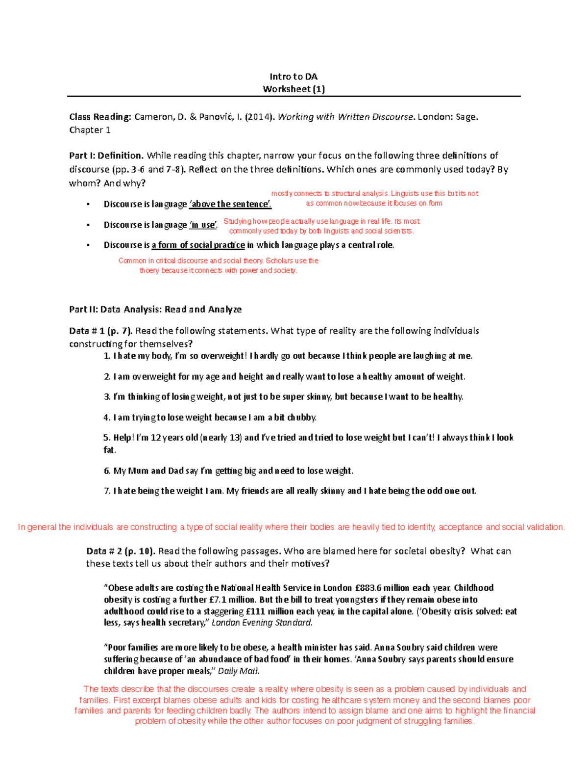 DA Worksheet #1: Analyzing Discourse and Social Reality - Studocu
