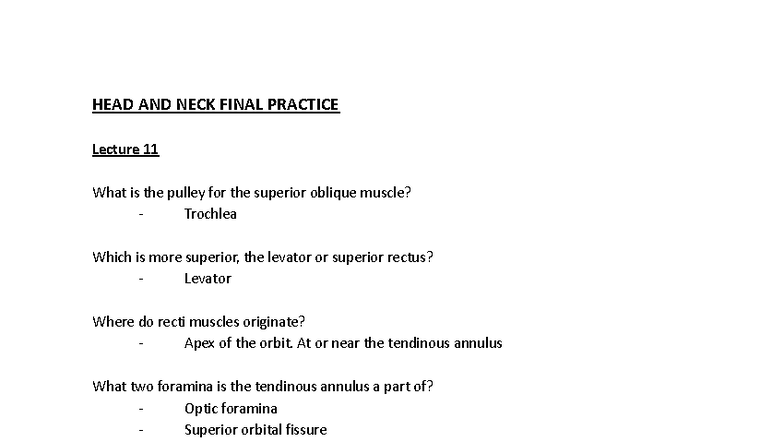 Head and Neck Anatomy (Course Code: HN 101) Final Exam Review Notes ...