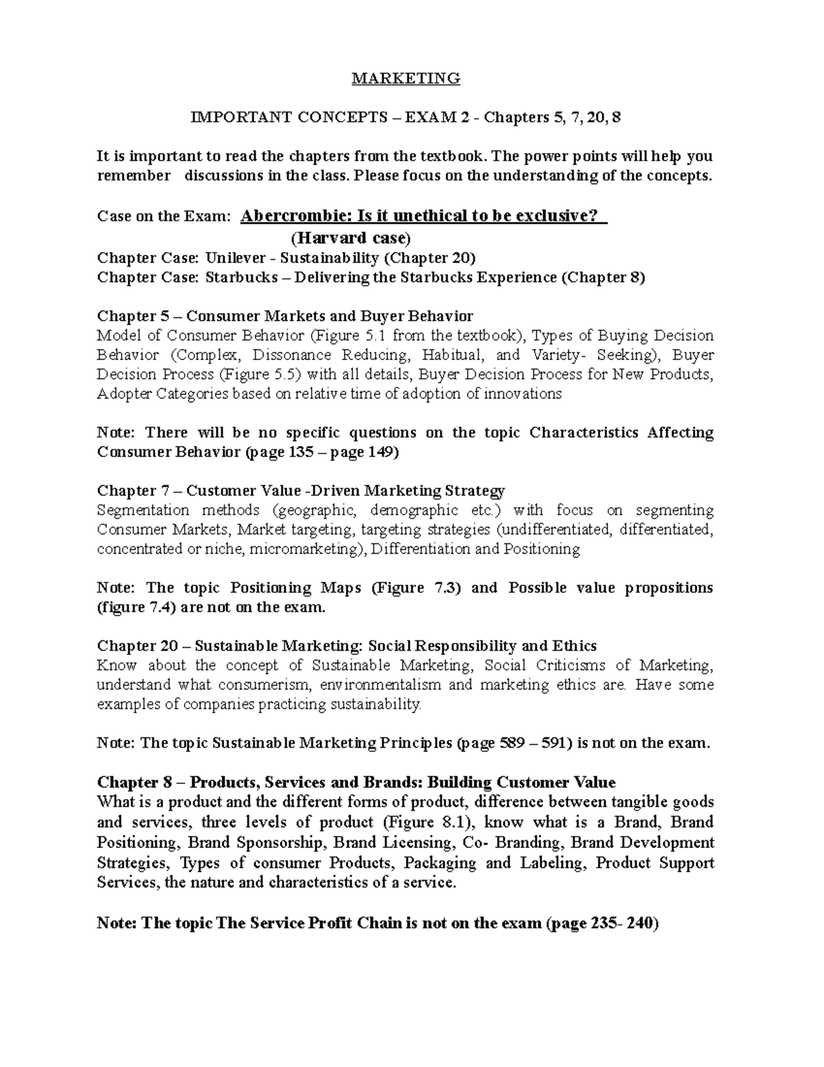 Marketing Study Guide for Exam 2 - Chapters 5, 7, 8, 20 - Studocu