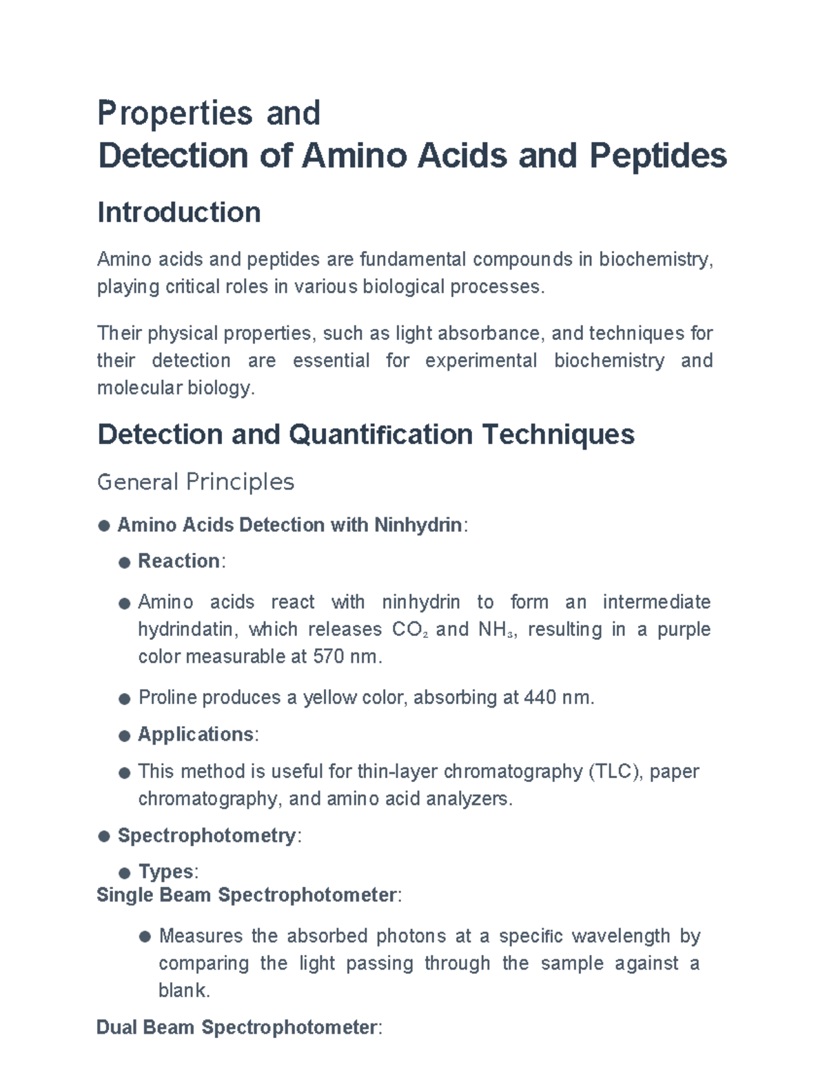 Amino Acids & Peptides Detection Techniques Study Guide BIO 101 - Studocu