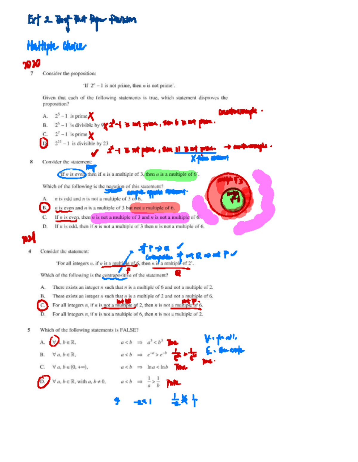 Ext2 Proof Past Paper Revision: Multiple Choice Questions - Studocu