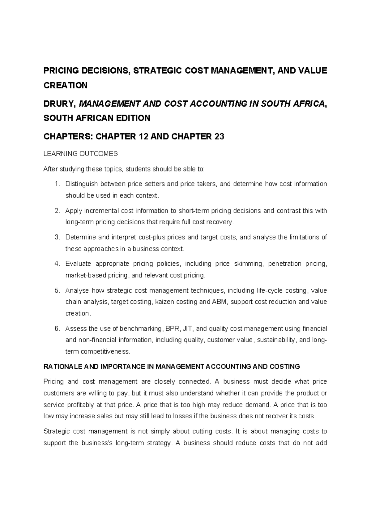 Pricing and Strategic Cost Management Notes 2026: Chapters 12 & 23 ...