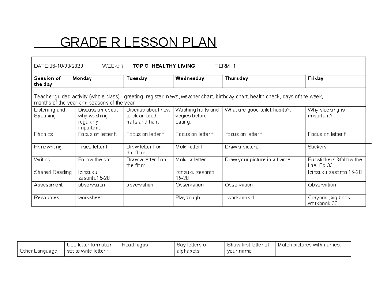 GRADE R LESSON PLAN: Healthy Living Activities for Week 7 - Studocu