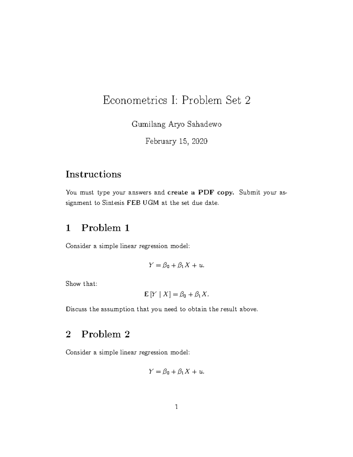 Econometrics I: Problem Set 2 - Analysis & Solutions - Studocu