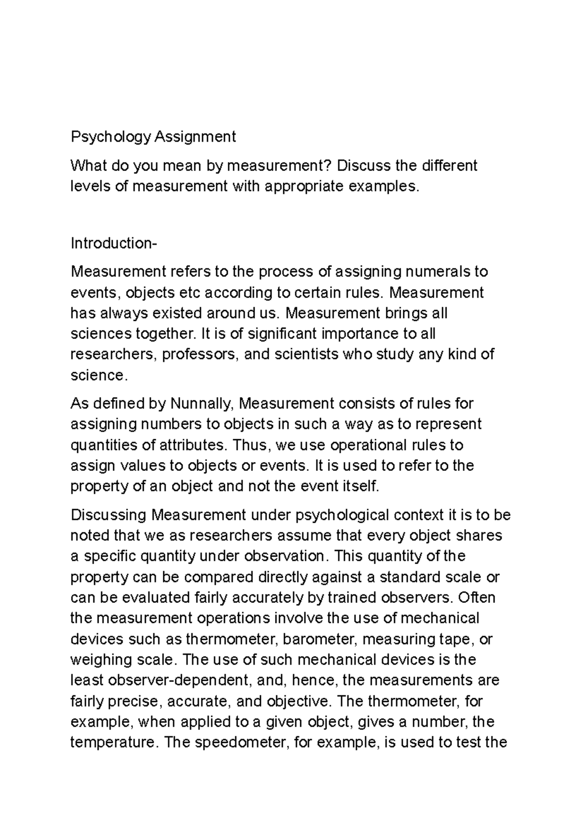 Psychology 101: Understanding Levels of Measurement in Research - Studocu
