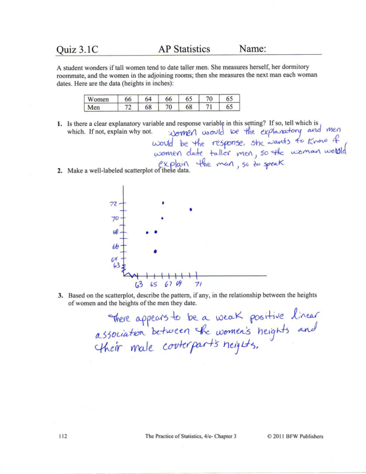 Quiz 3.1C AP Statistics Review: Correlation Analysis - Studocu