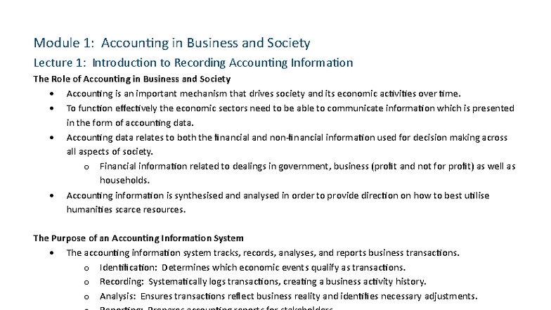 Module 1: Accounting in Business and Society - Lecture 1 Overview - Studocu