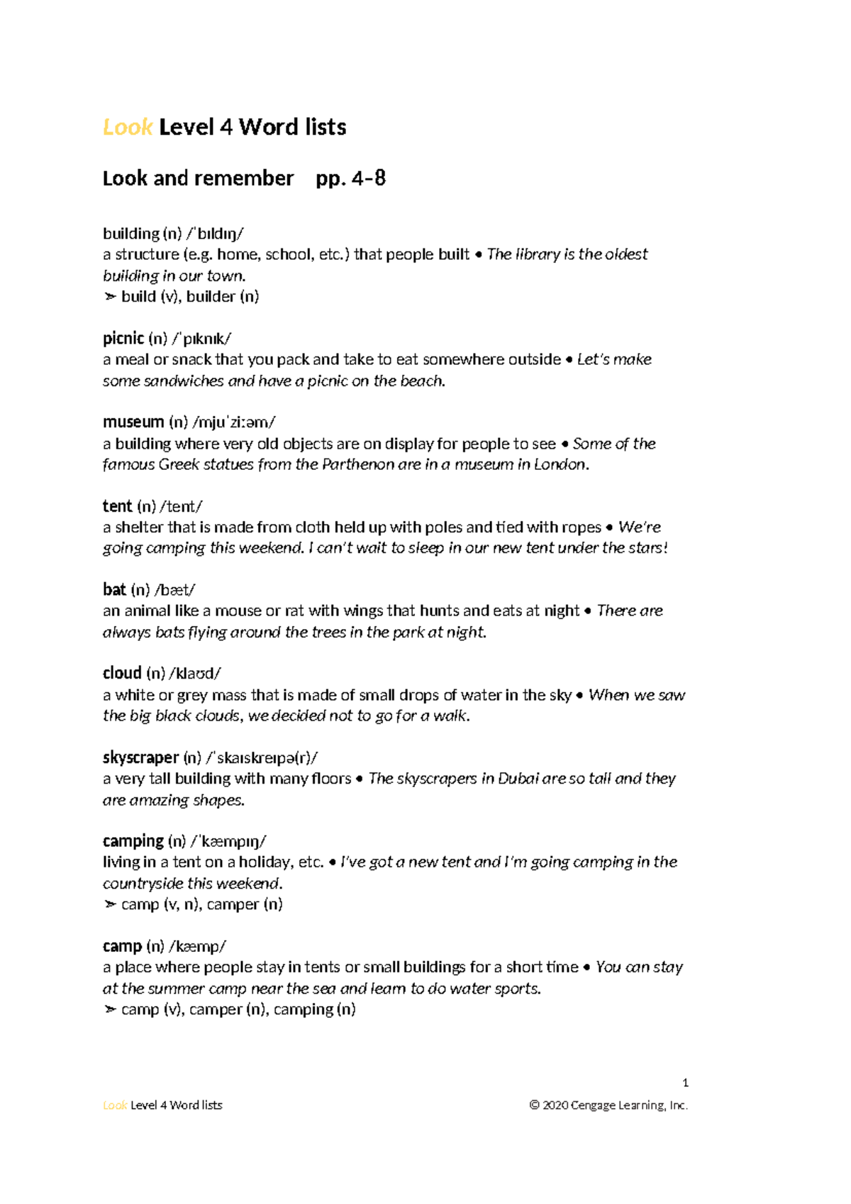 Look Level 4 Vocabulary List - Key Terms and Definitions - Studocu