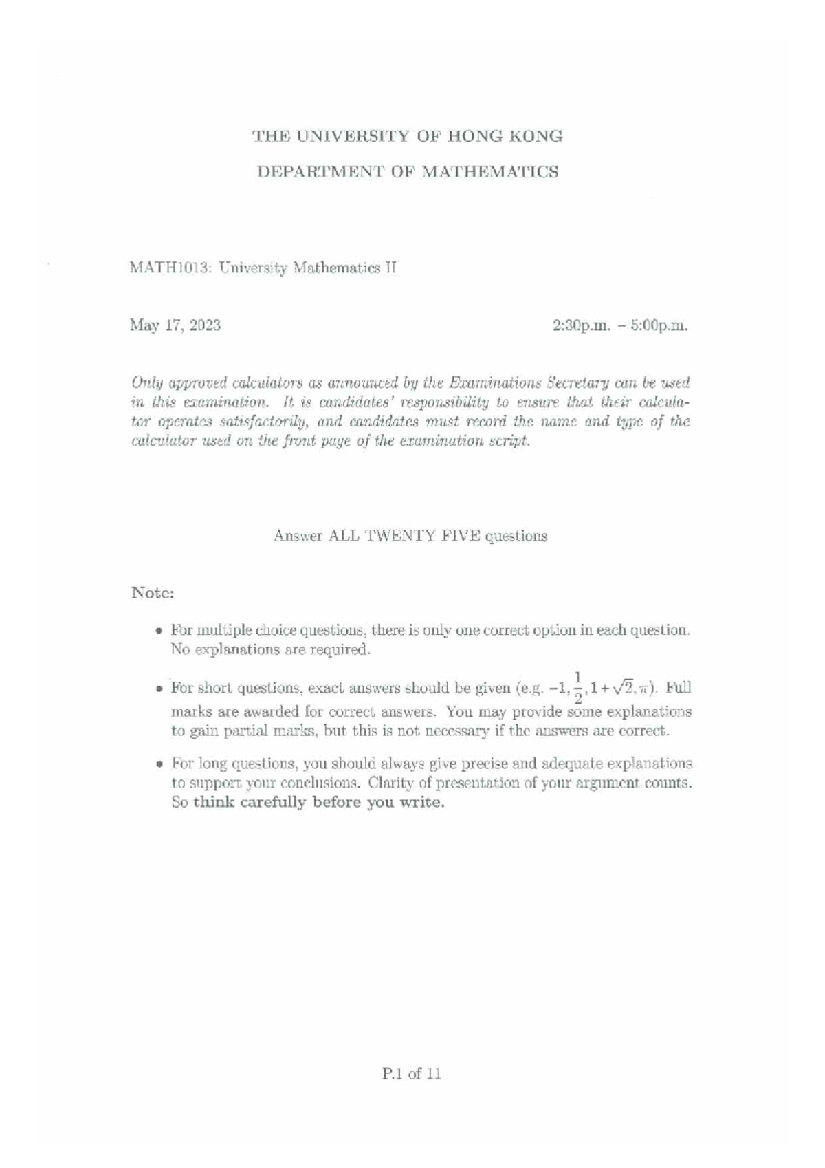 Math1013: University Mathematics II Final Exam Paper - May 2023 - Studocu