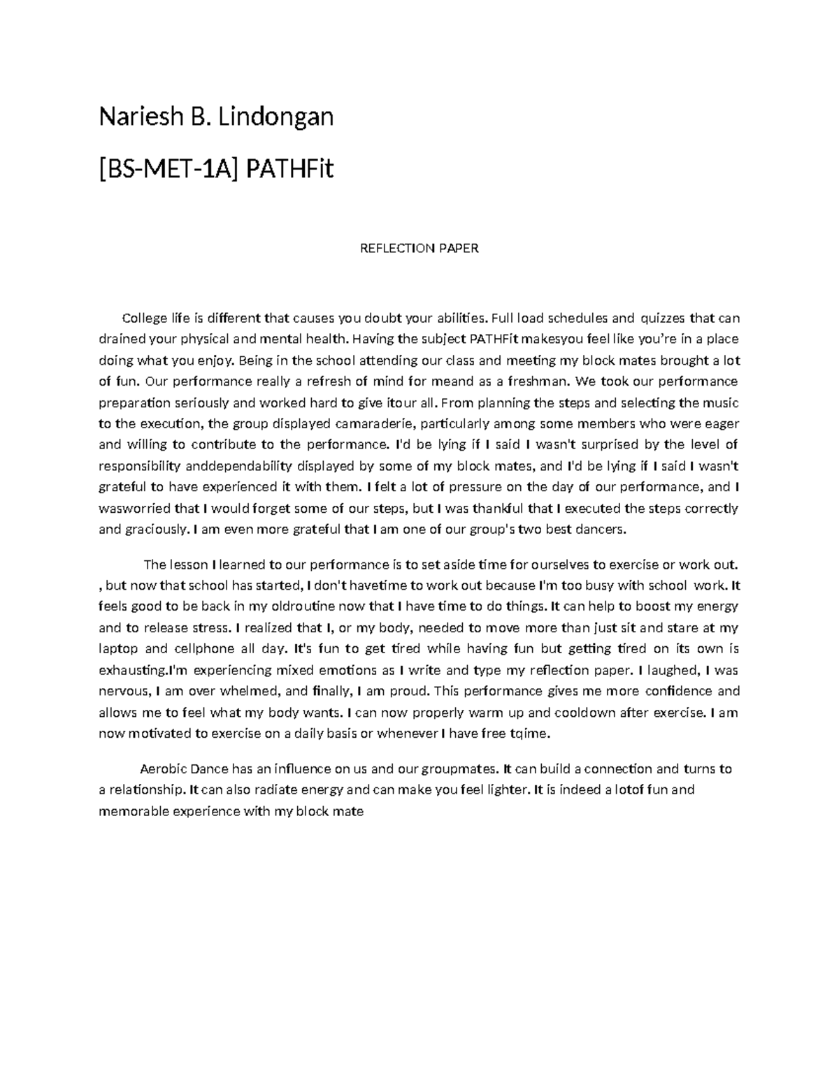 [BS-MET-1A] PATHFit Reflection Paper on Performance Experience - Studocu