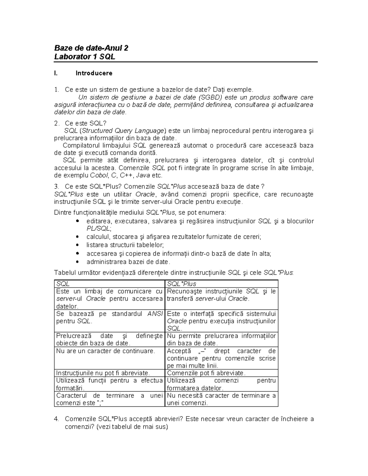 Laborator 1 SQL - Anul 2: Introducere și Comenzi Esențiale SQL - Studocu