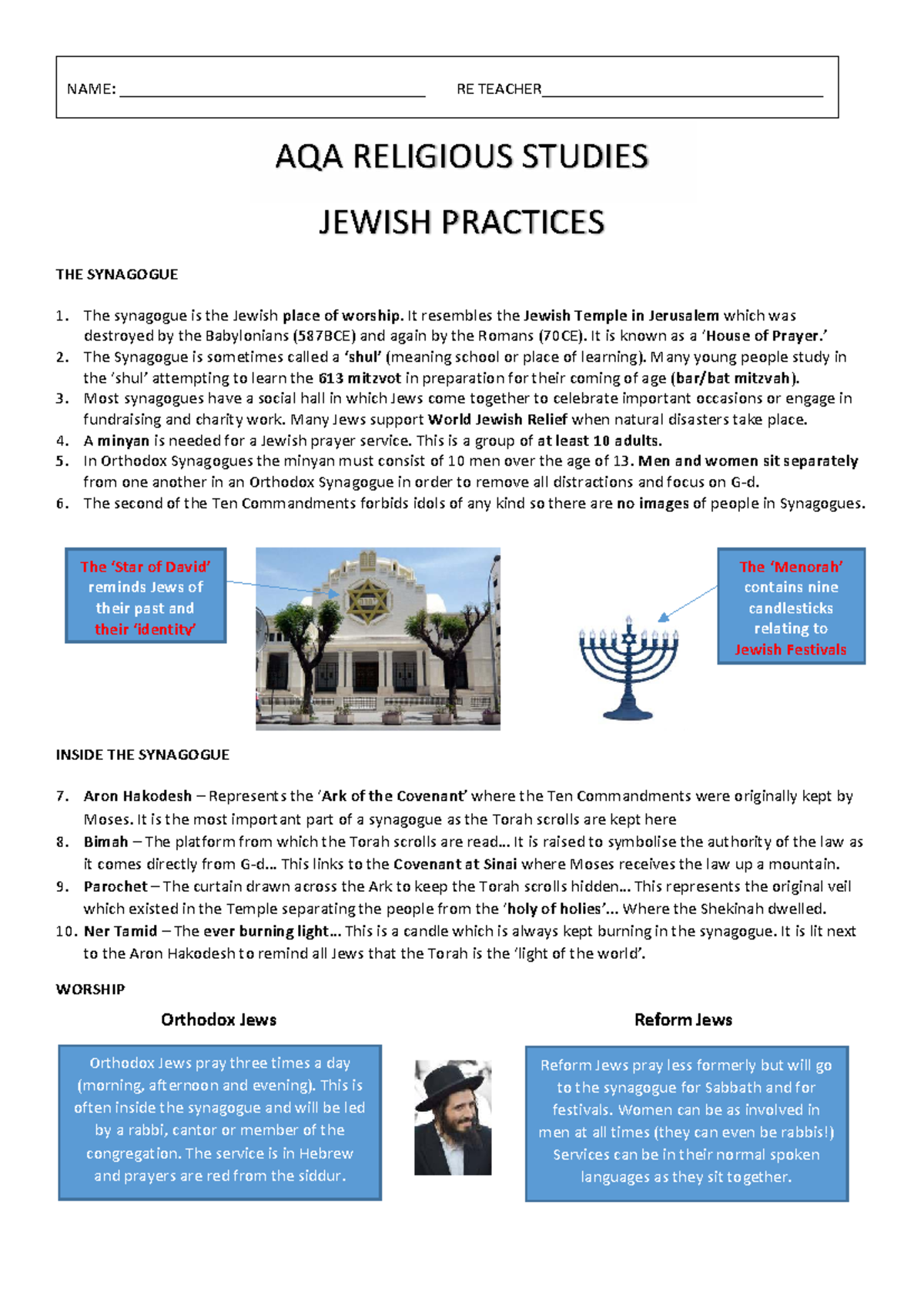 AQA RE: Jewish Practices in the Synagogue and Worship - Studocu