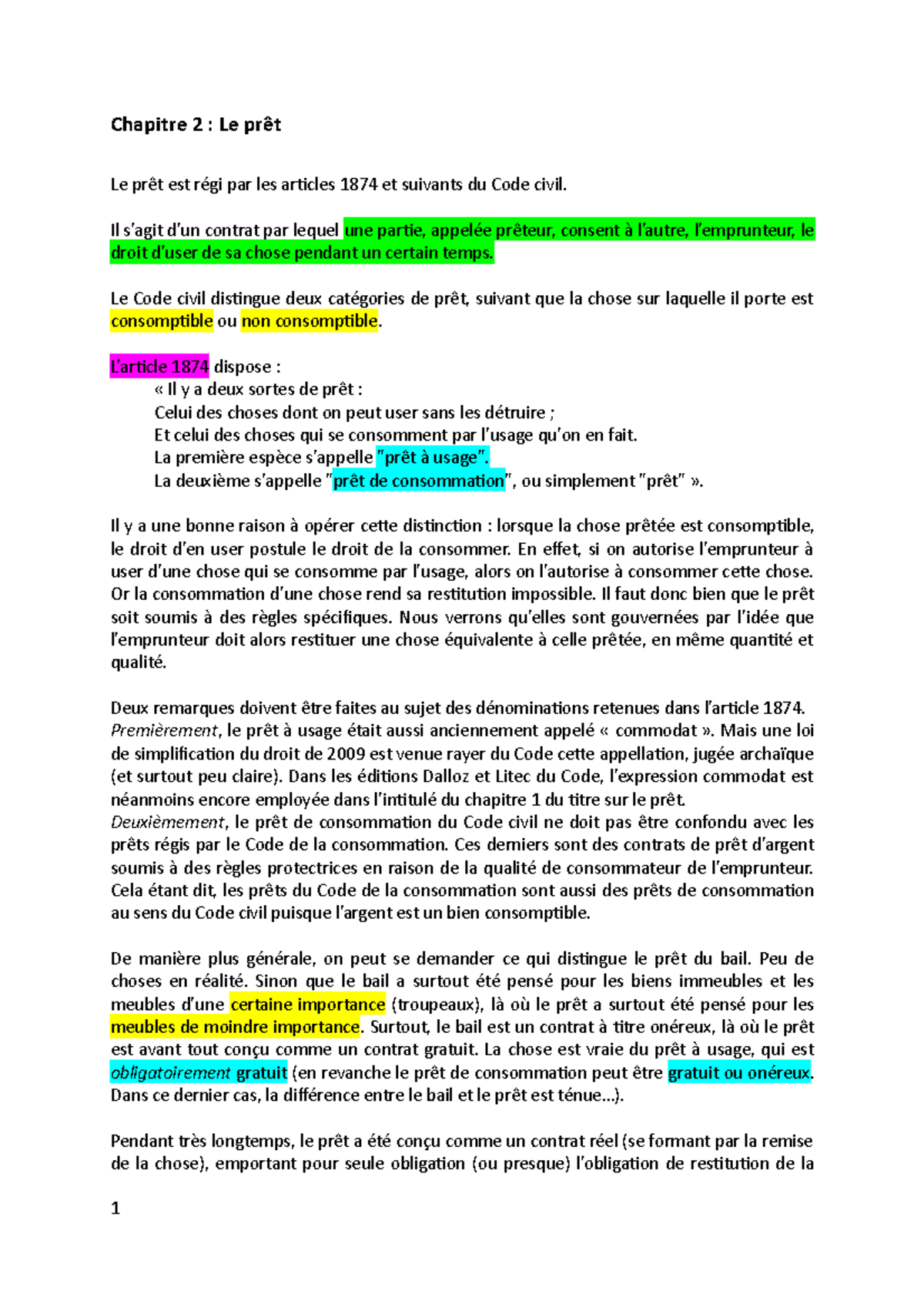 Chapitre 2 - Le Prêt selon le Code Civil et ses Distinctions - Studocu