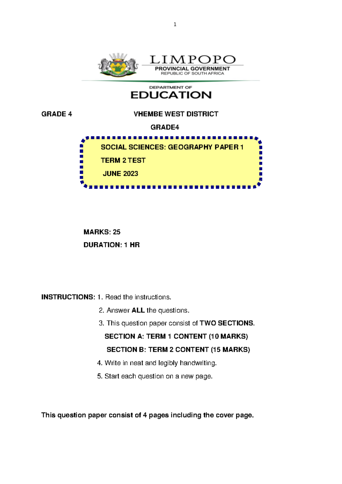 Grade 4 GEOG T2 2023 - Geography Term 2 Test Paper - Studocu