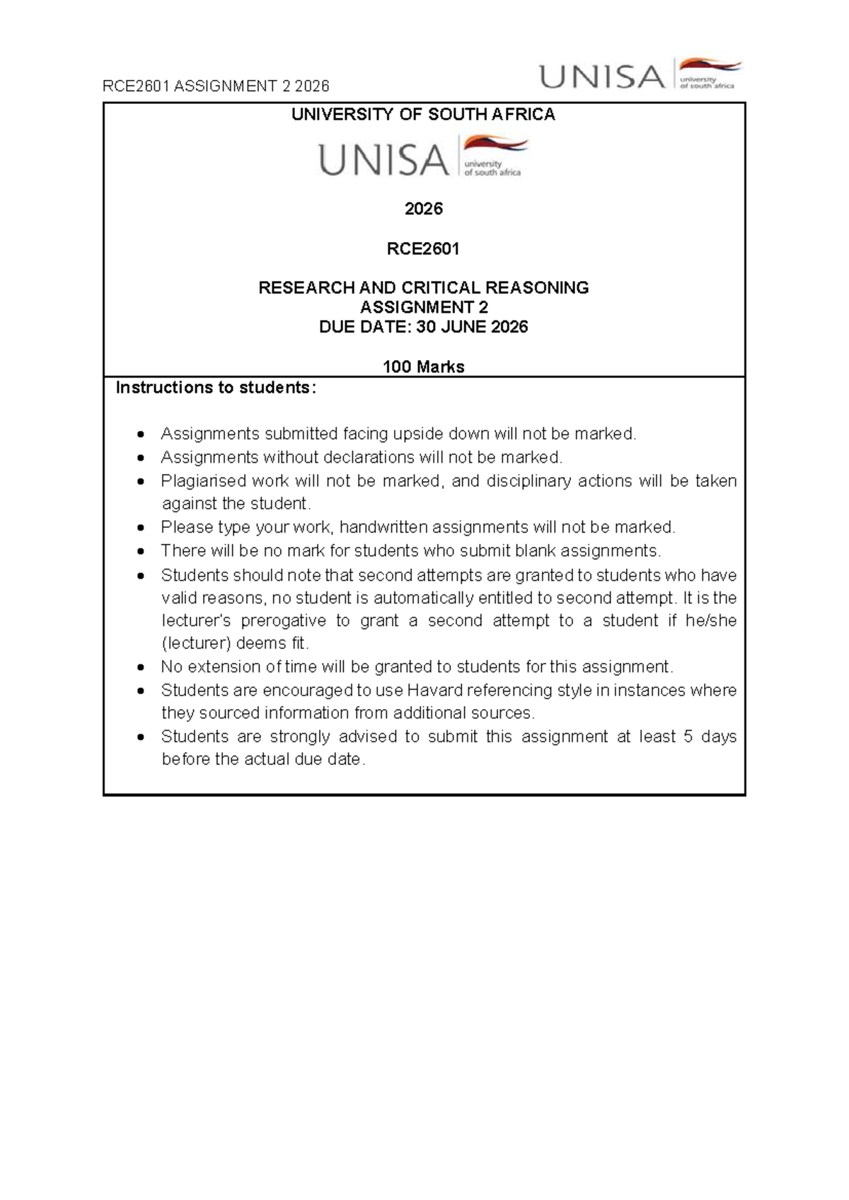 RCE2601 Assignment 2: Research & Critical Reasoning Guide 2026 - Studocu