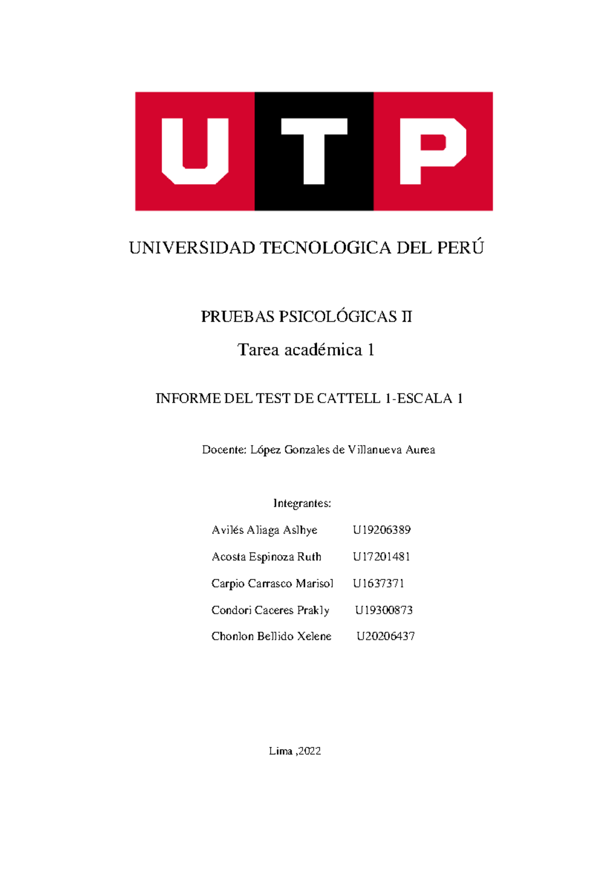 Informe Psicológico Cattell 1 - Escala 1 - Pruebas Psicológicas II - Document Preview