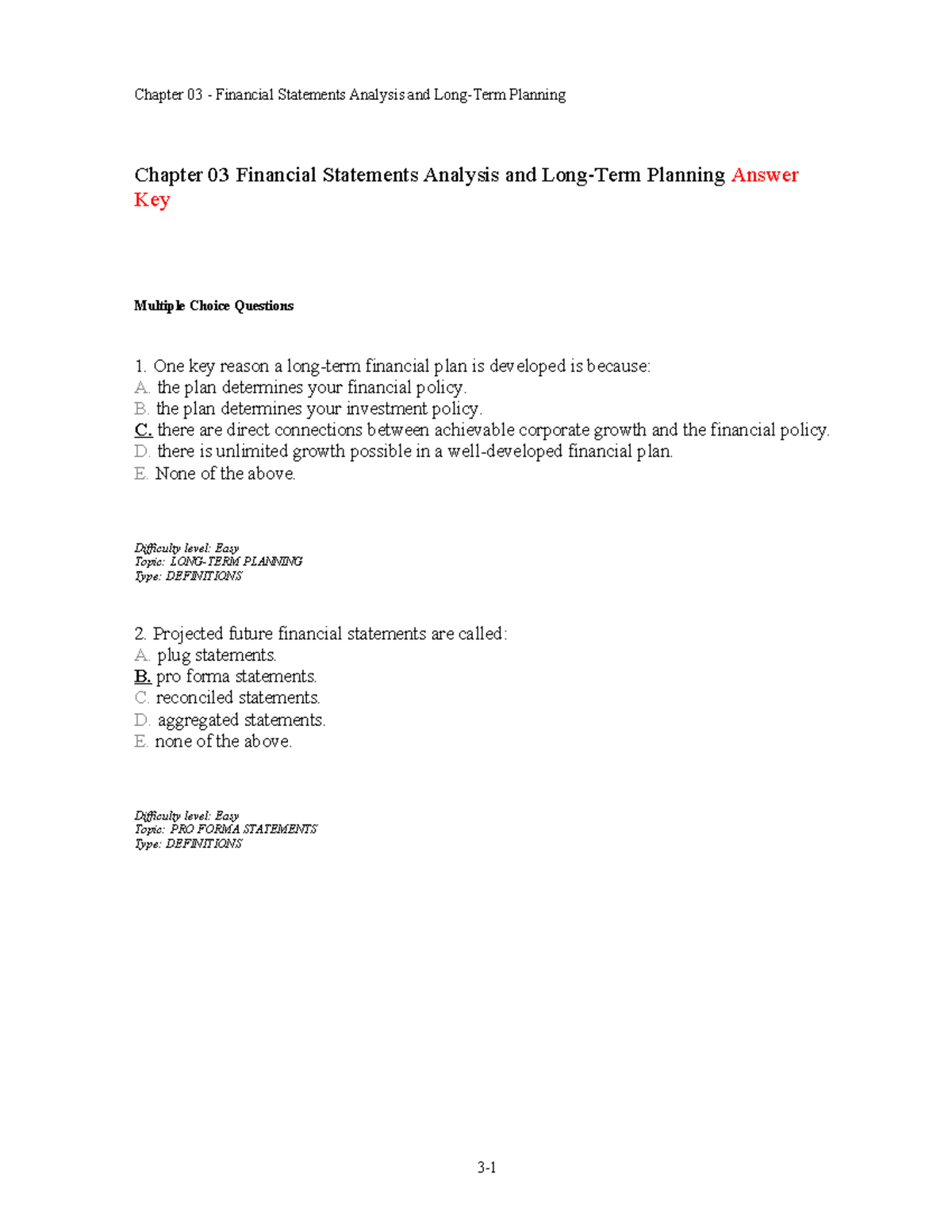 Chapter 03 Financial Statements Analysis & Planning - Answer Key - Studocu