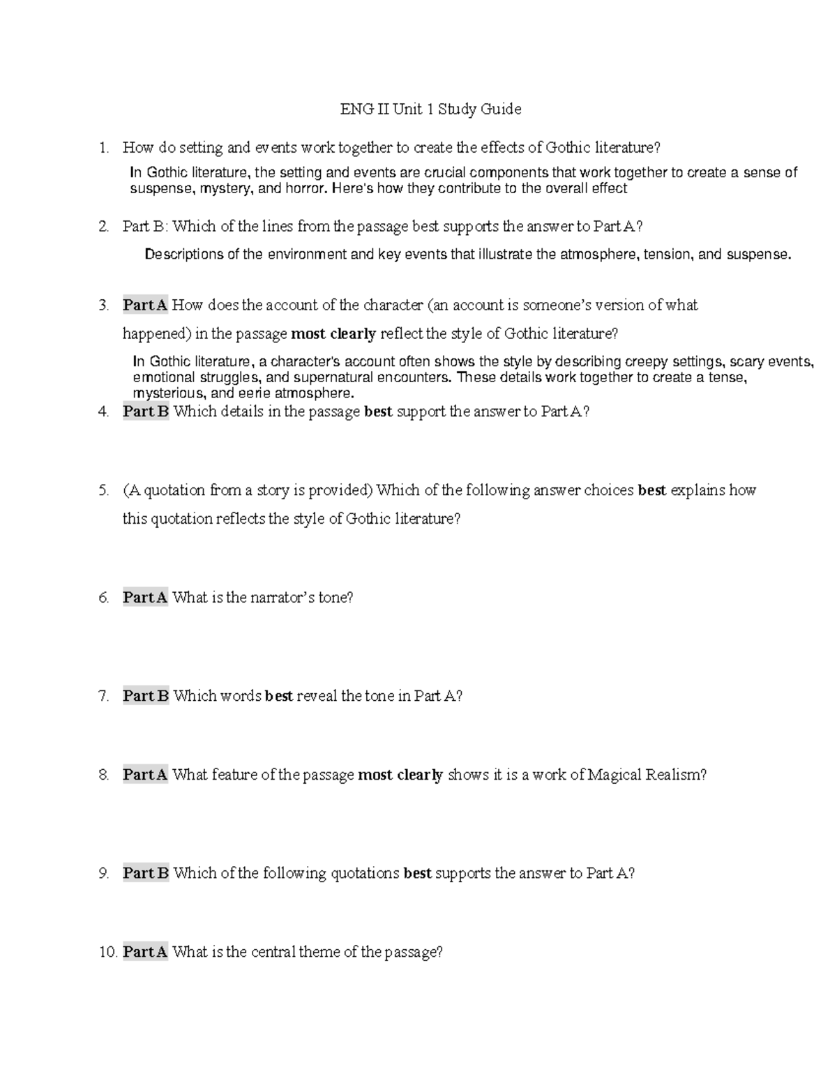 Unit 1 Study Guide ENG II - ENG II Unit 1 Study Guide How do setting ...