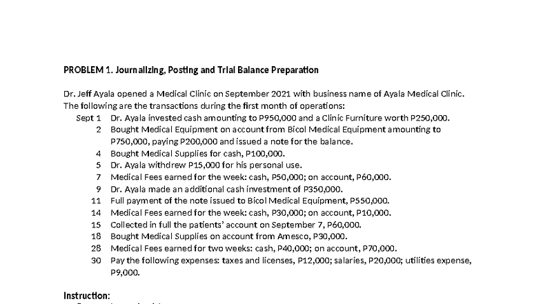 Problem 1 - Journalizing, Posting & Trial Balance Prep for ACC 101 ...