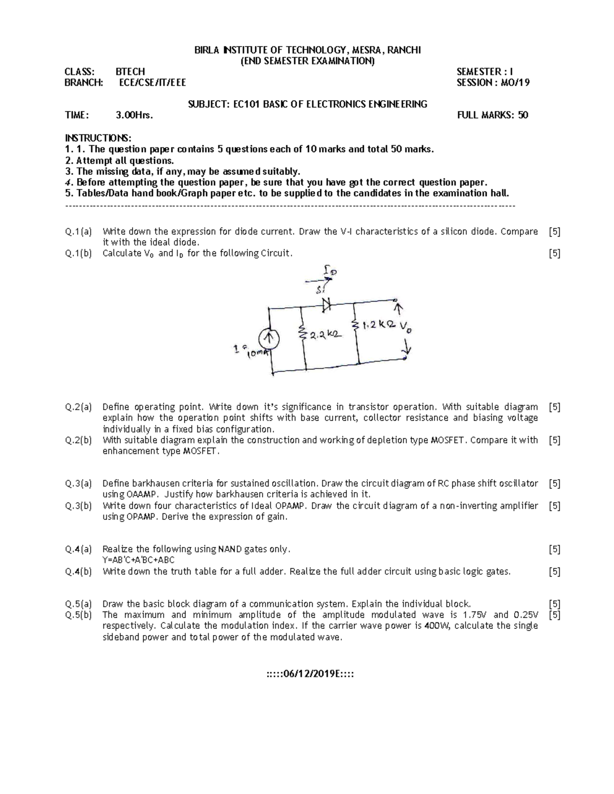 EC101 Basic OF Electronics Engineering (END MO19) - BIRLA INSTITUTE OF ...