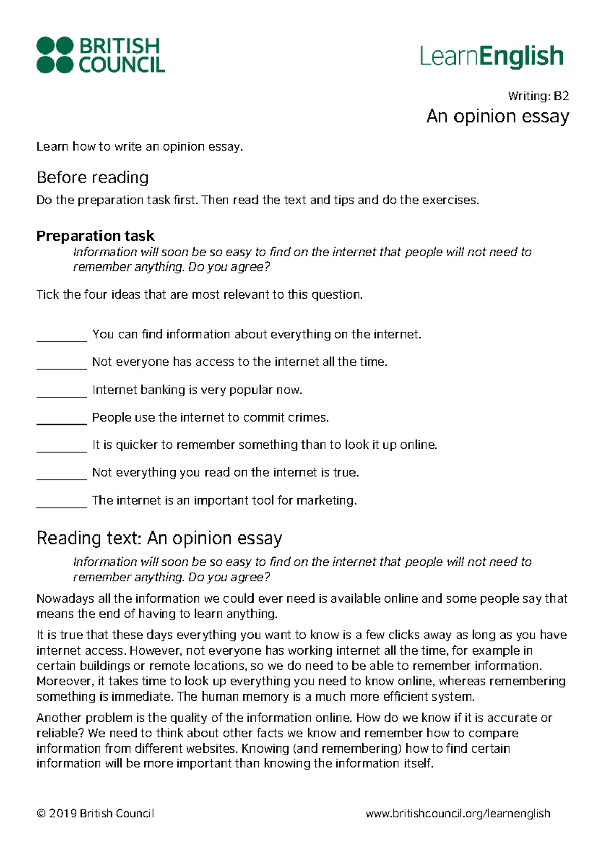 Learn English Writing B2: Opinion Essay Techniques and Tips - Studocu