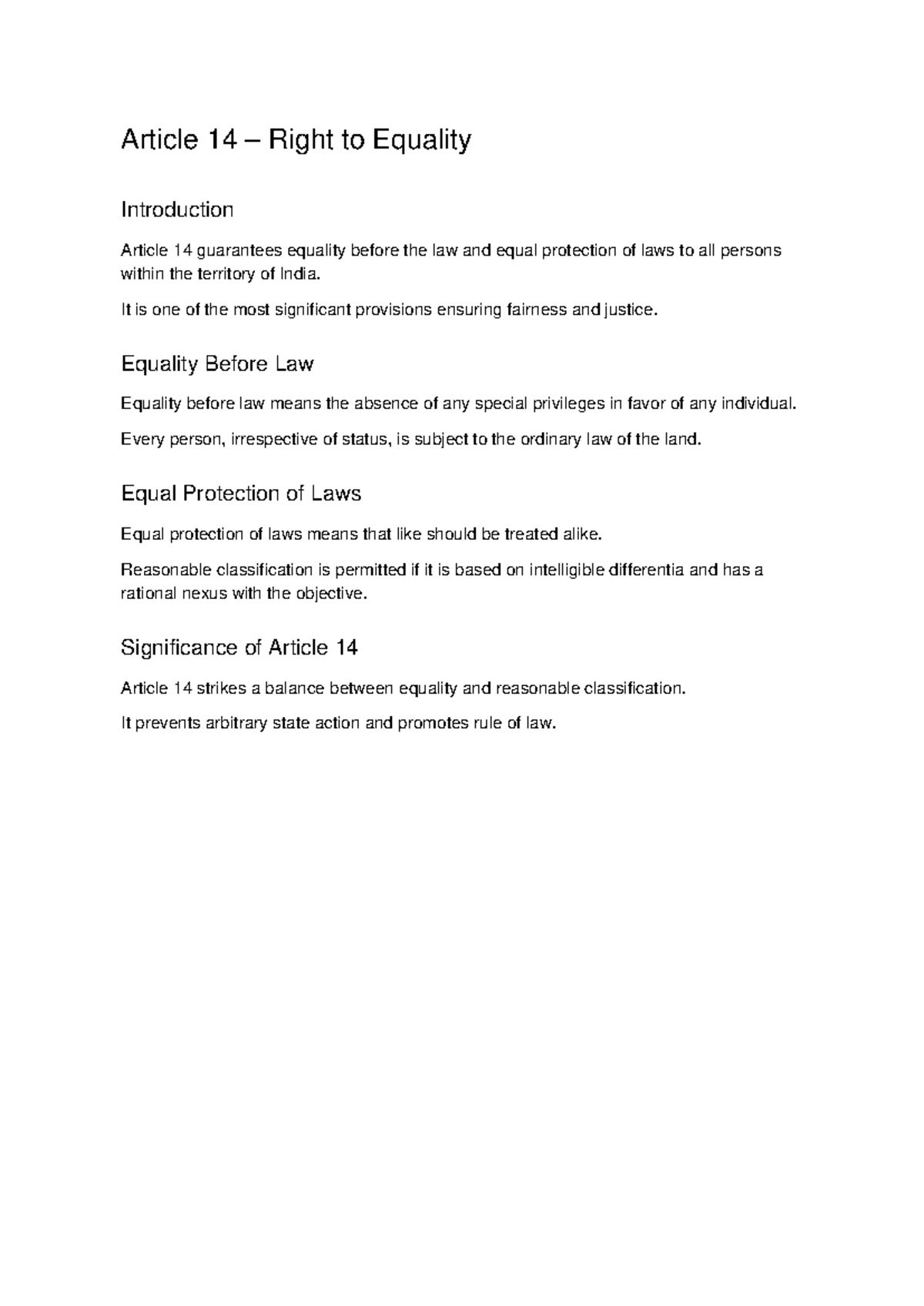Article 14: Right to Equality in Constitutional Law - Studocu