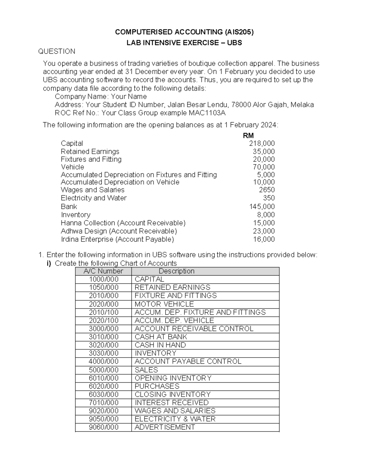 LAB UBS Intensive Exercise - COMPUTERISED ACCOUNTING (AIS205) LAB ...