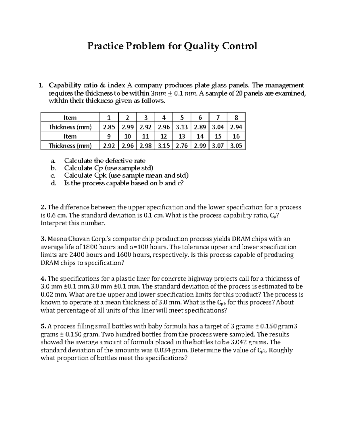 Practice Problem for Quality Control 1: Capability Ratio Analysis - Studocu