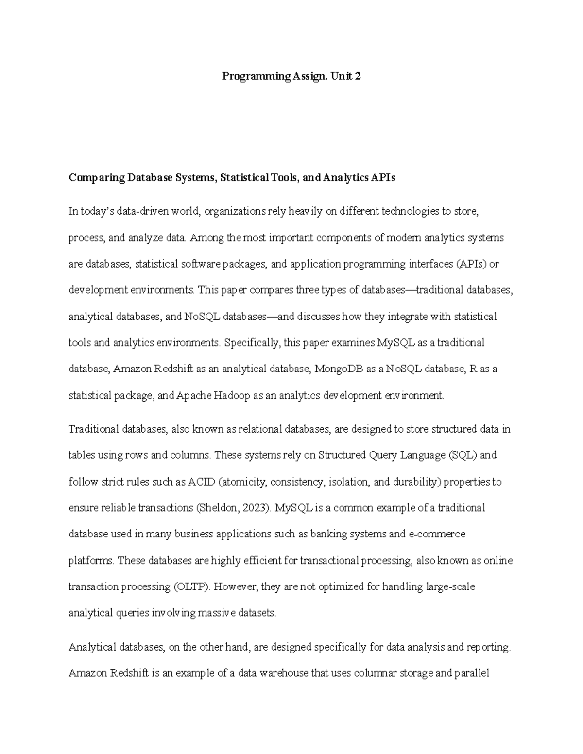 Unit 2 Programming Assignment: Comparing Database Systems & Analytics ...
