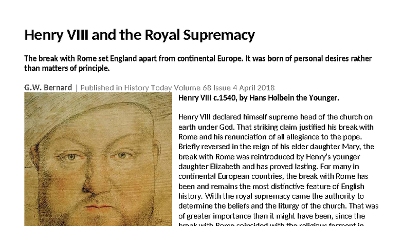 Henry VIII and the Royal Supremacy: The Break with Rome Explained - Studocu