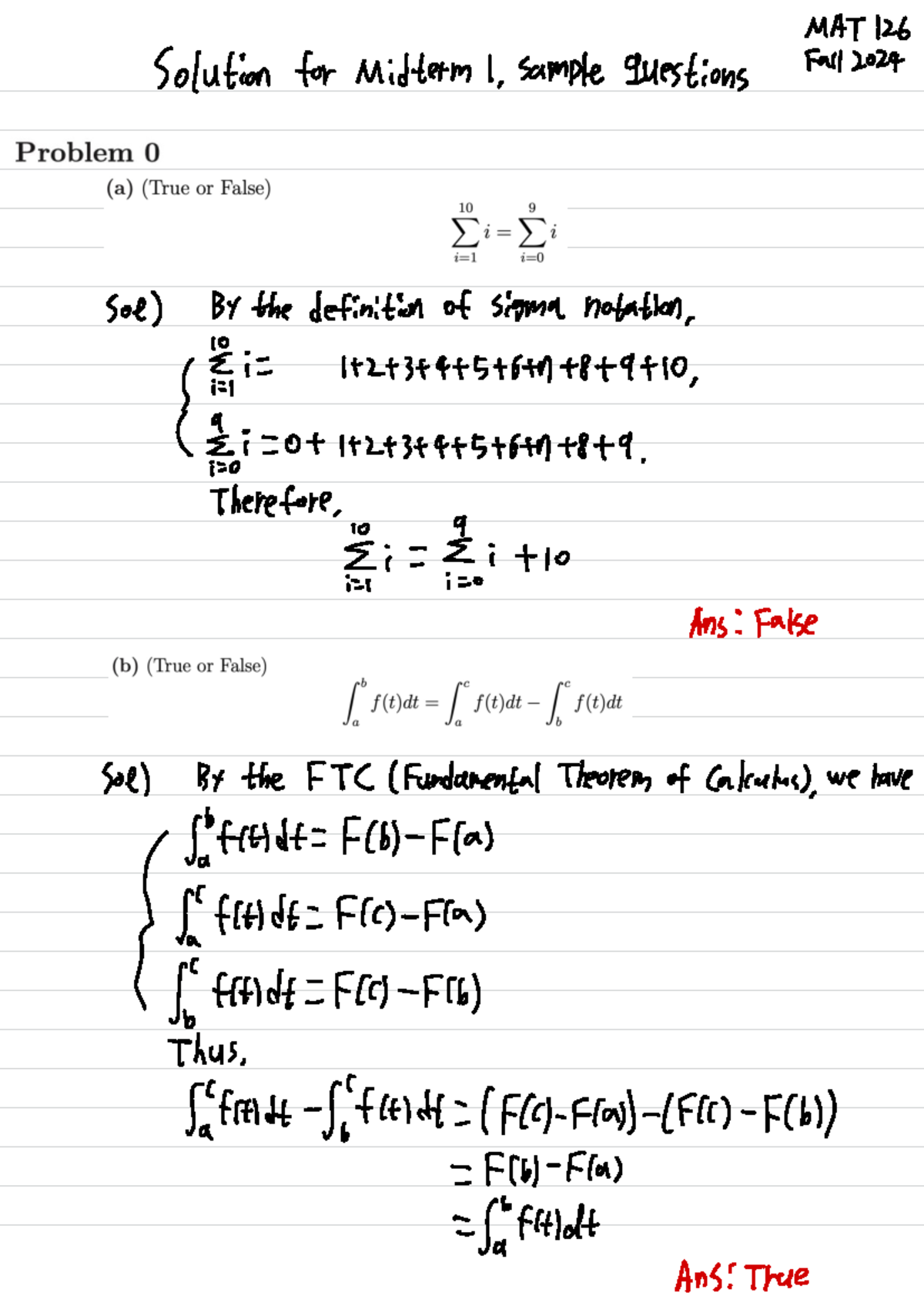 Solution for Sample Question (Midterm 1) - MAT 126 Solution for sample ...
