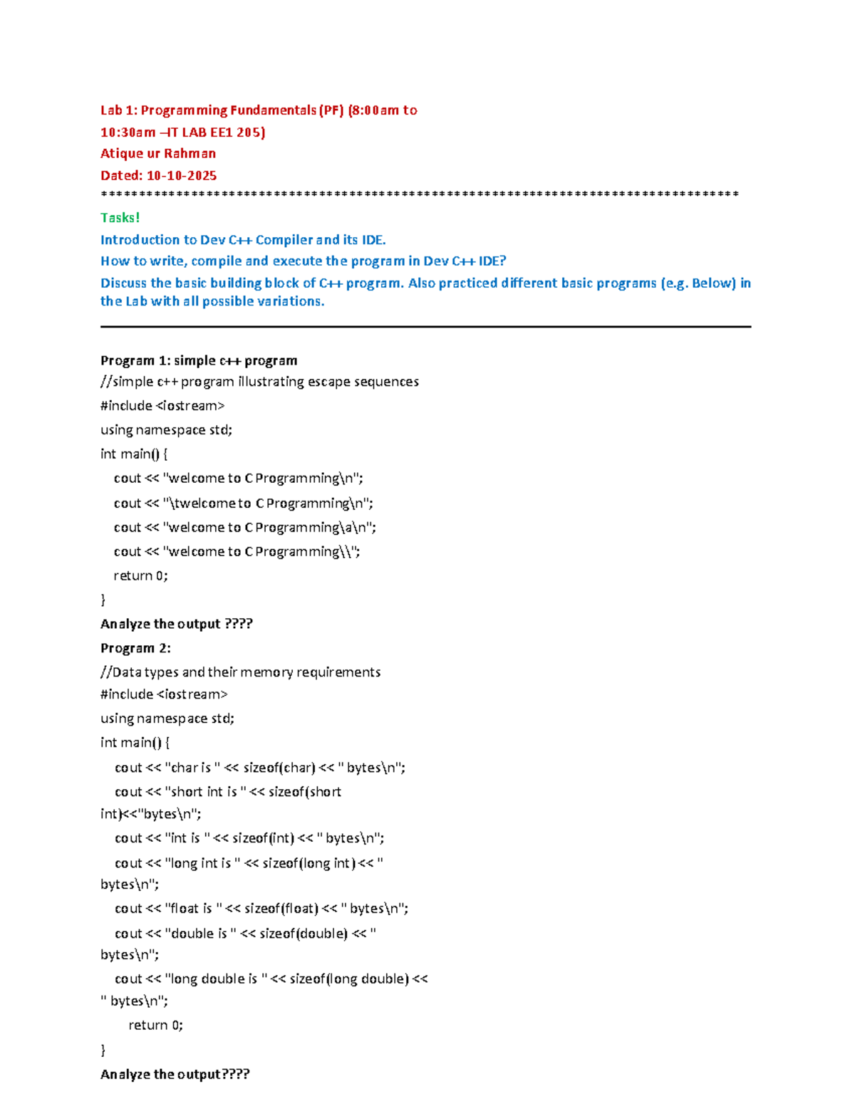 Lab 1: Programming Fundamentals (PF) - Dev Compiler Basics - Studocu