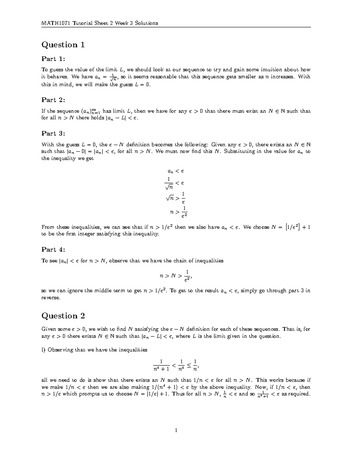 MATH1071 Tutorial Sheet 2: Week 3 Limit Solutions - Studocu