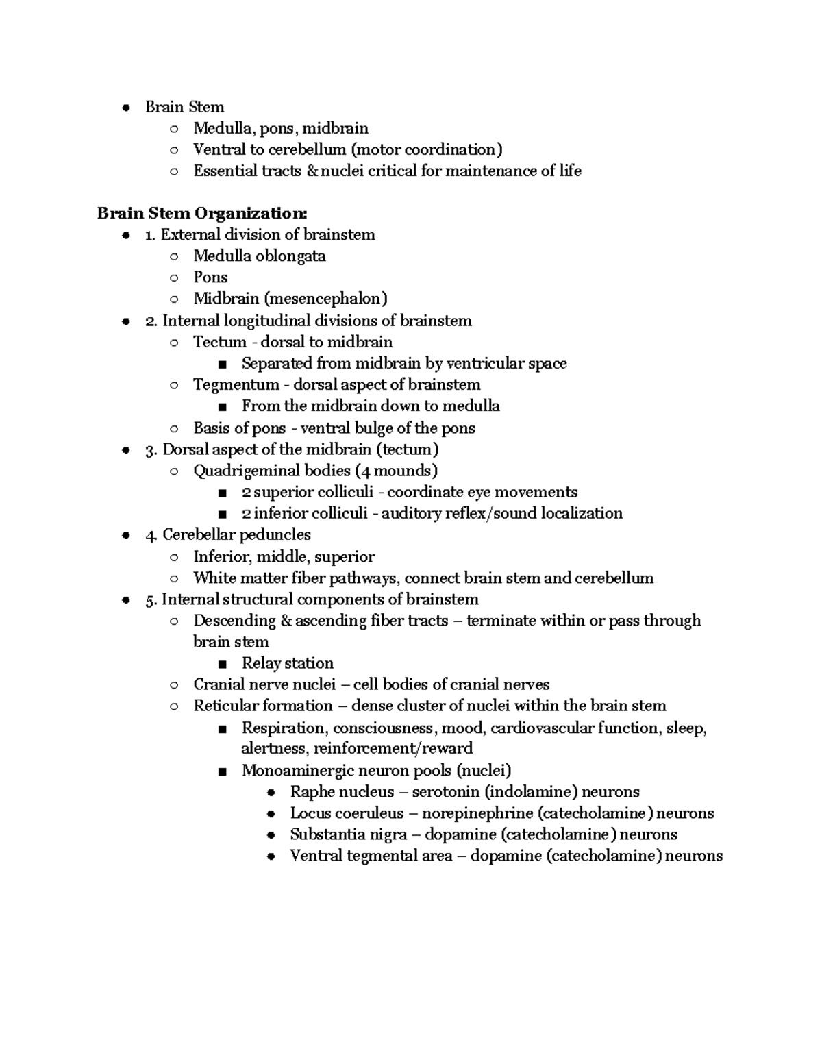 Exam 3 Notes on the Brain Stem and Cerebellum Anatomy and Functions ...