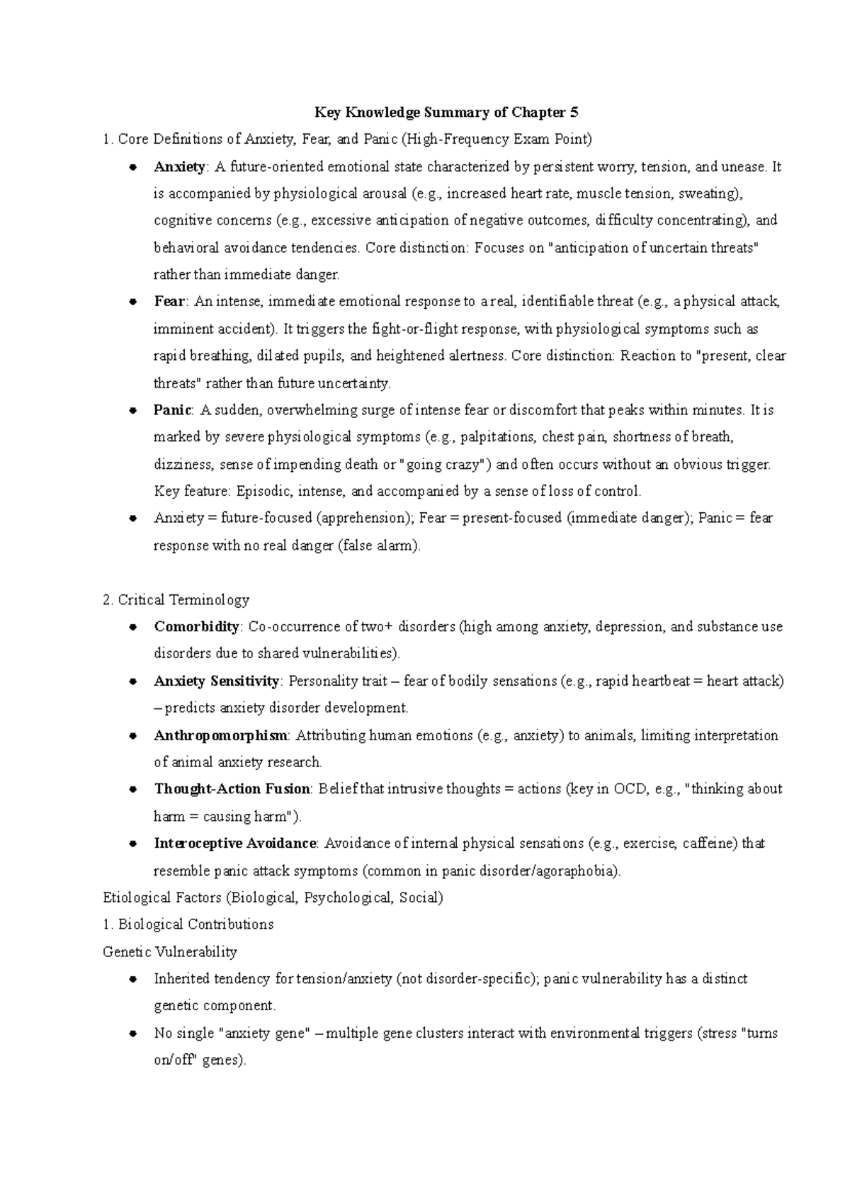 Key Knowledge Summary of Chapter 5: Anxiety, Fear, and Panic (4005 ...