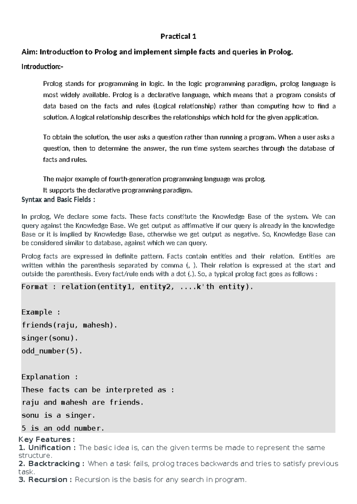 Practical 1 - Introduction to Prolog and Simple Facts Implementation ...