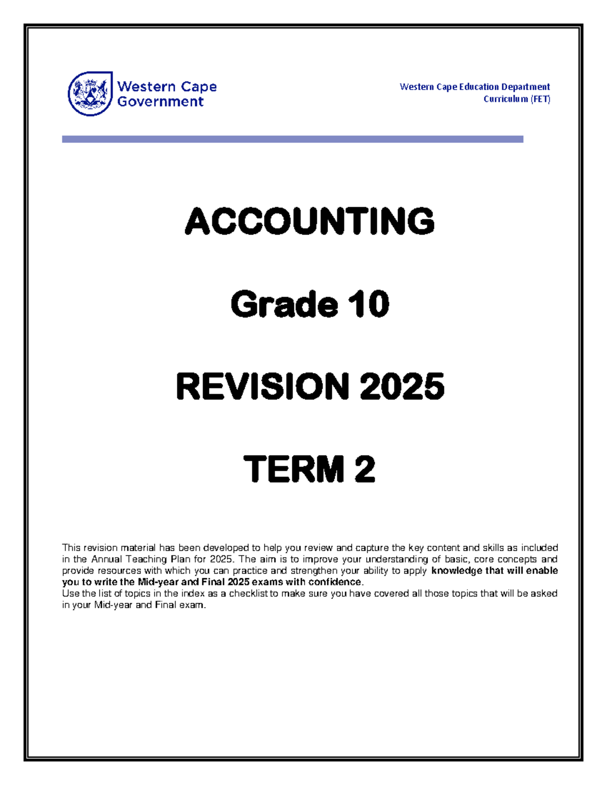 Grade 10 Accounting T2 Revision Material for 2025 Exams - Studocu