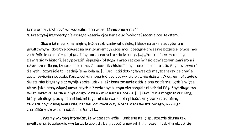 Karta pracy Paneloux - Ccc: Analiza kazania i jego przesłania - Studocu