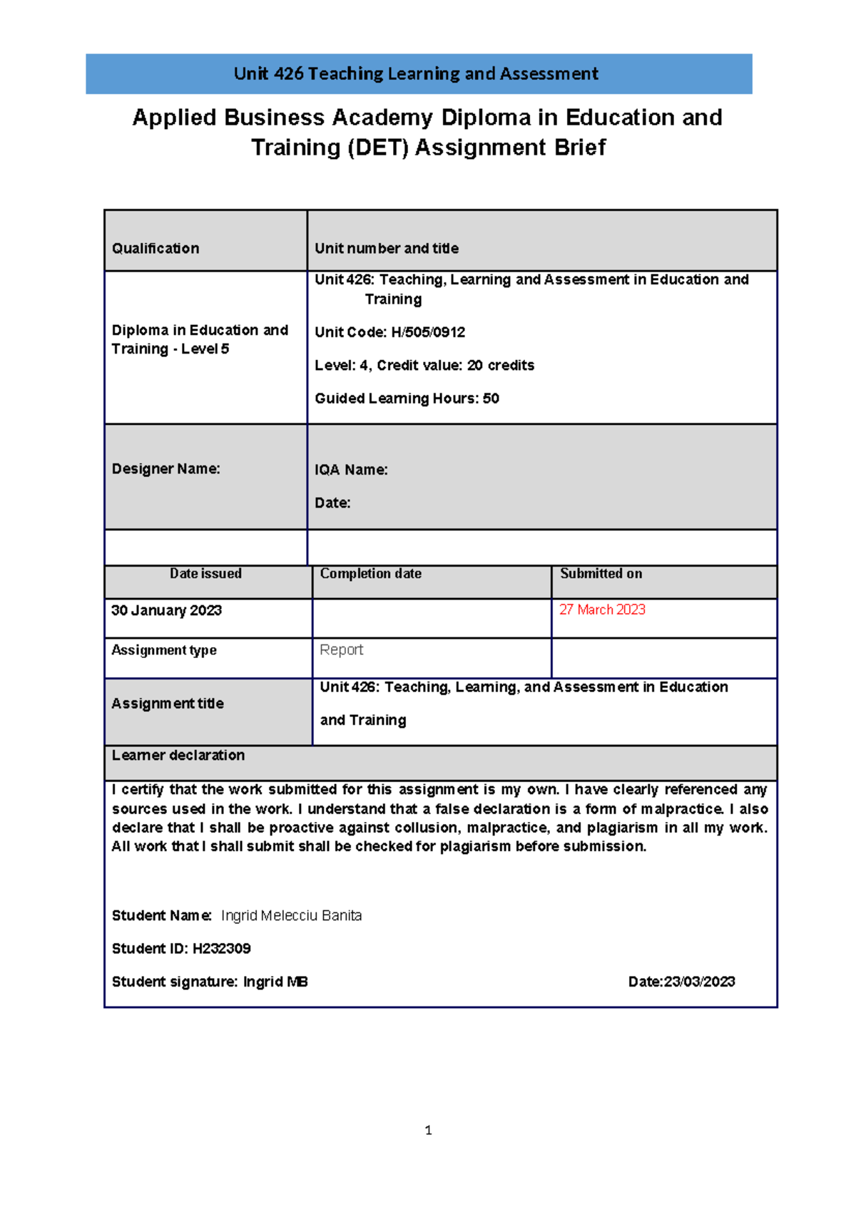 Unit 426: Teaching, Learning, and Assessment Report for Diploma in ...