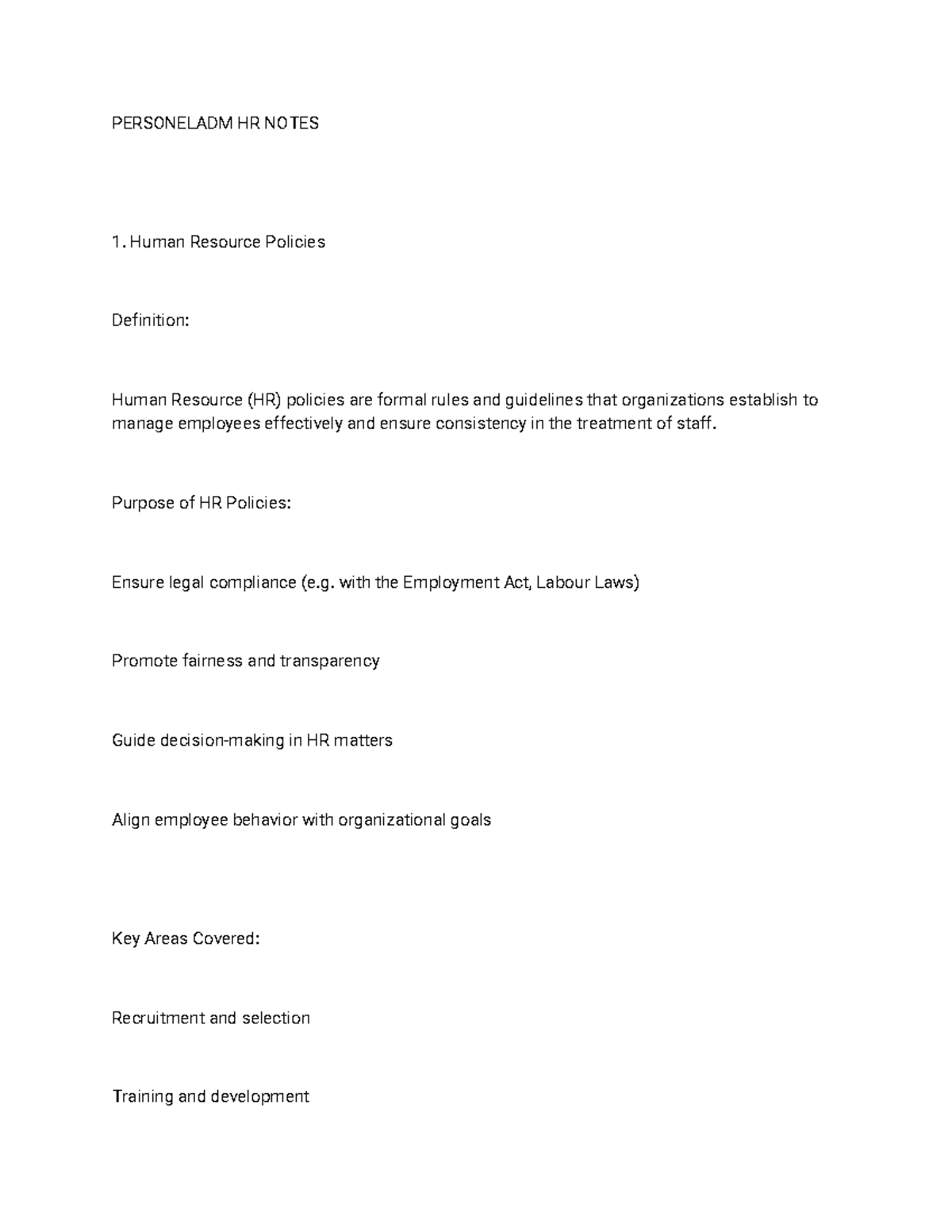 HRM 101: Comprehensive HR Policies and Procedures Notes - Studocu