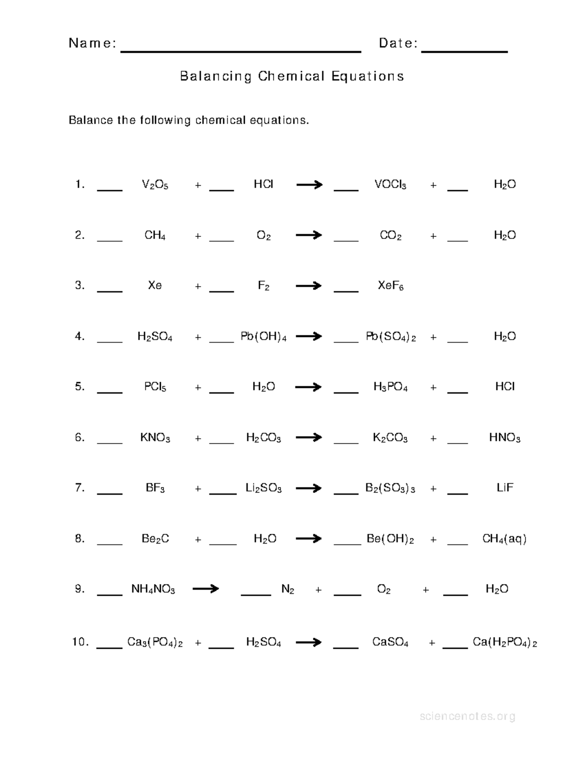 Practice sheet balancing equations - Name: Date: Balancing Chemical ...