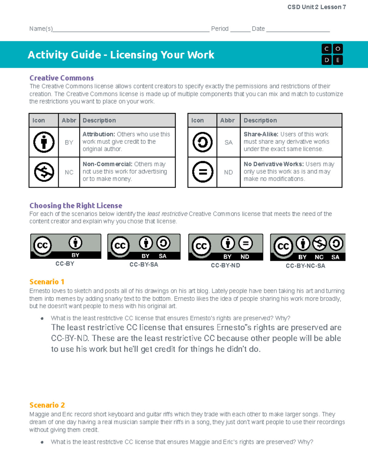 CSD Unit 2 Lesson 7: Activity Guide on Licensing Your Work - Studocu