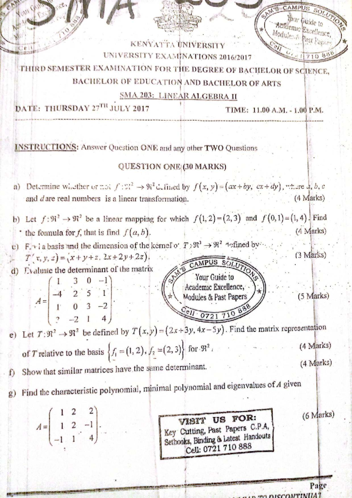 SMA 203: Linear Algebra II Exam Solutions and Past Papers Guide - Studocu