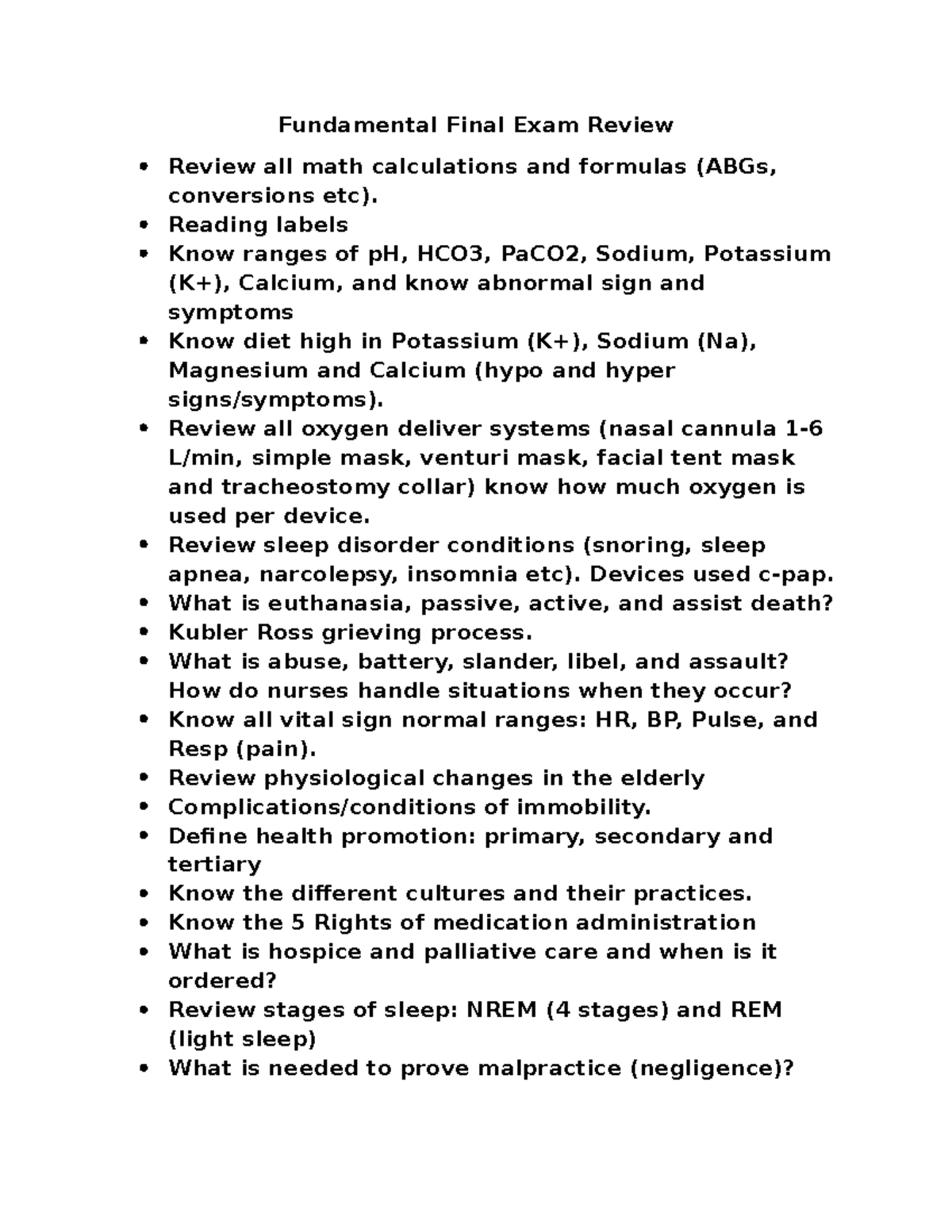 Fundamental Nursing Concepts: Final Exam Review Guide (NURS 101) - Studocu