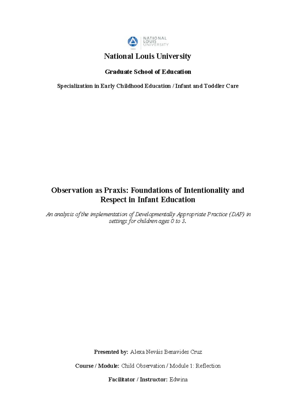 Child Observation Module 1: Reflection on DAP in Infant Education - Studocu