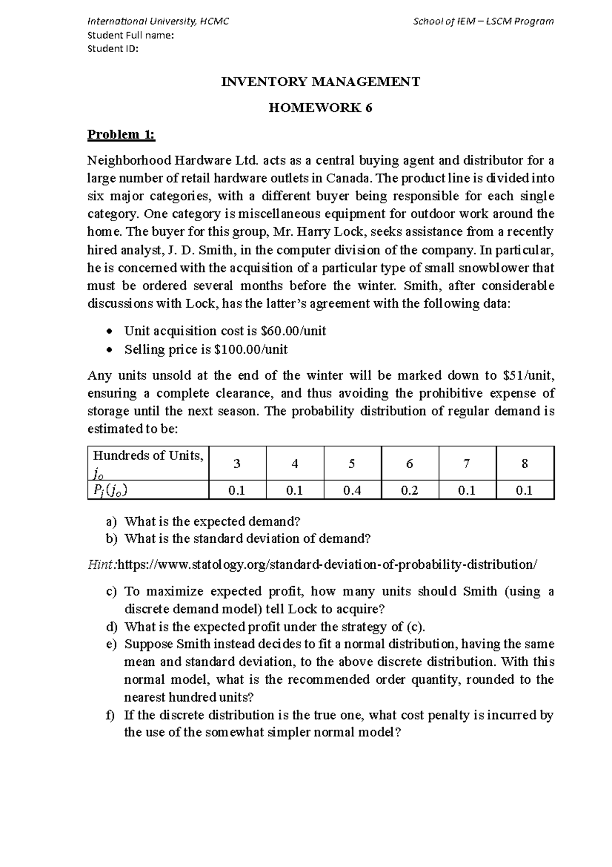 IEM LSCM 2526 Inventory Management Homework 6 Analysis - Studocu